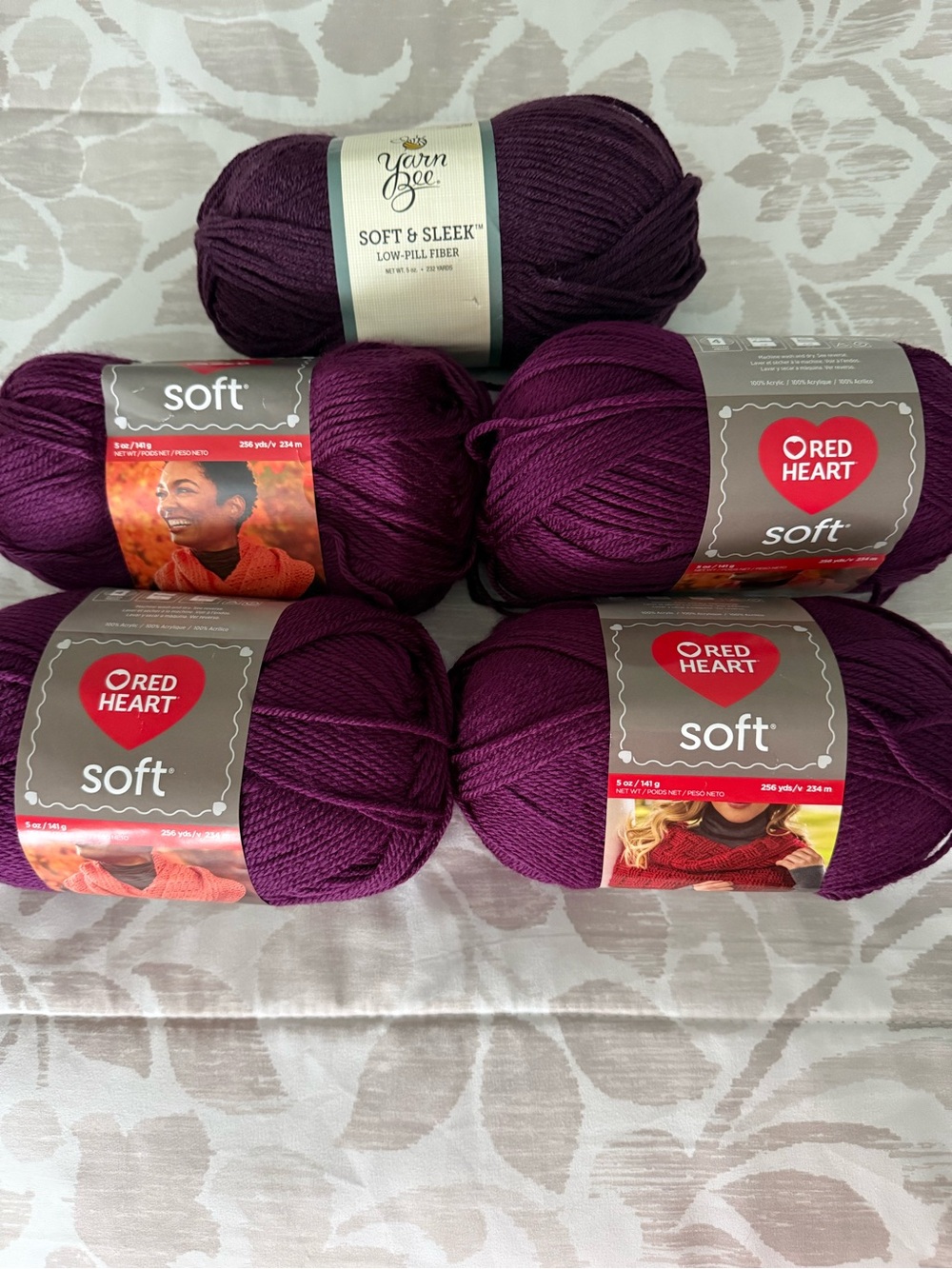 5-Skein Purple/Plum Yarn Lot — Red Heart Soft + Yarn Bee Soft & Sleek